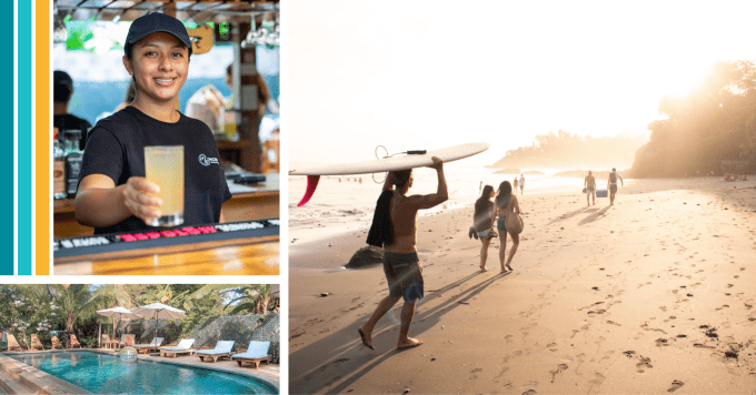 Woman offering beverage and surfers on the beach